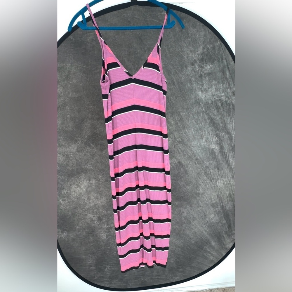 Express Pink & Black Striped Bodycon Midi Dress | Size S